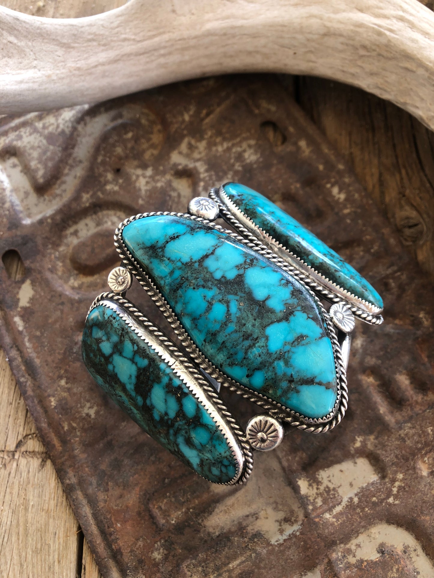 Heavy Old Pawn 3 Stone Turquoise Cuff Bracelet