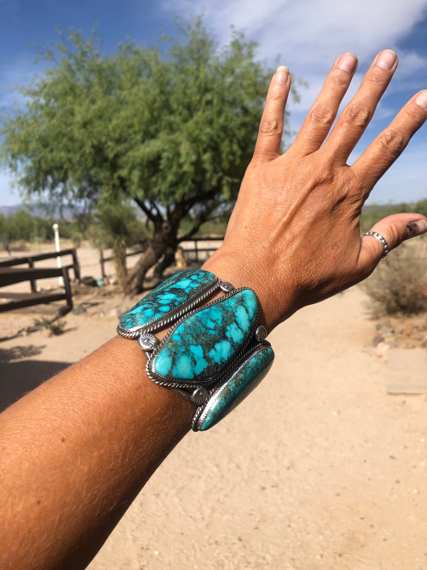 Heavy Old Pawn 3 Stone Turquoise Cuff Bracelet