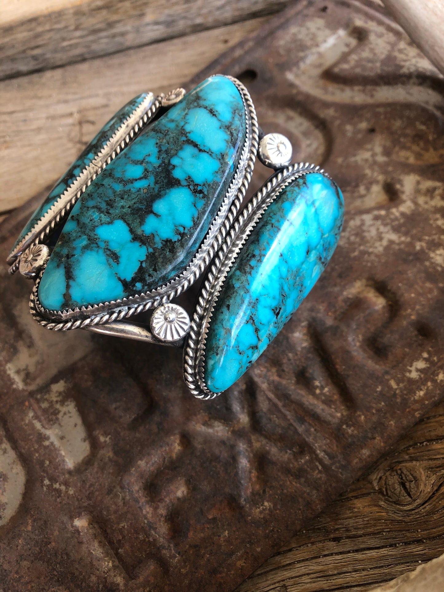 Heavy Old Pawn 3 Stone Turquoise Cuff Bracelet