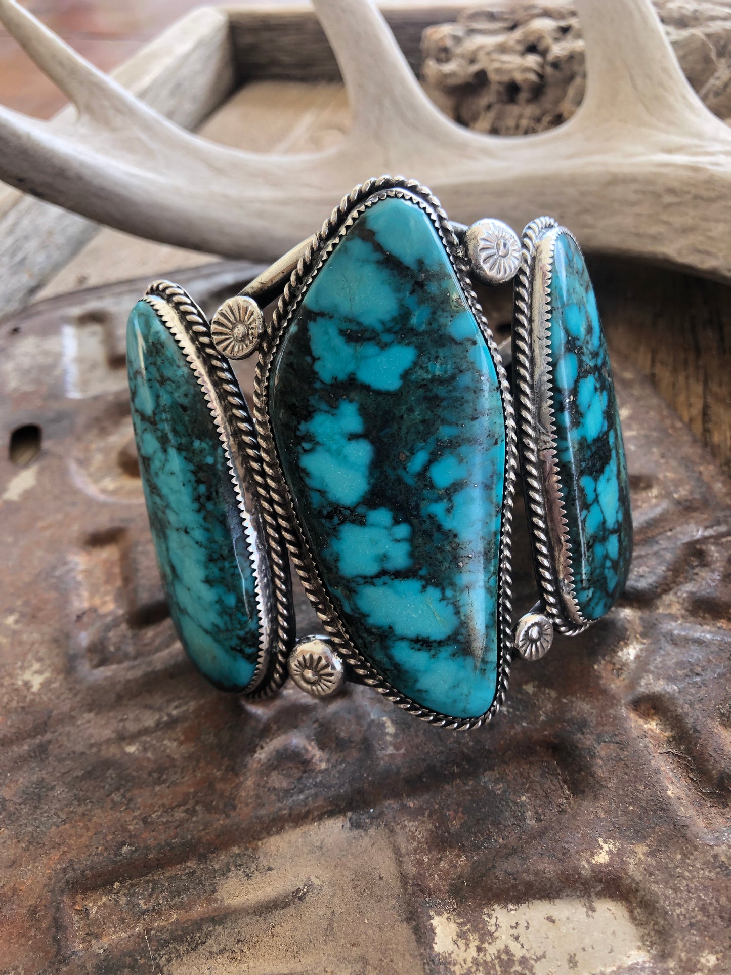 Heavy Old Pawn 3 Stone Turquoise Cuff Bracelet